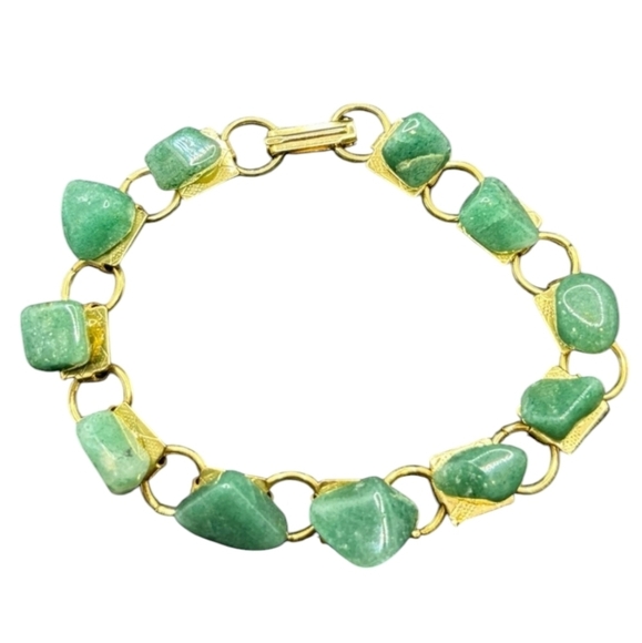 Vtg Japan Gold tone Green Aventurine Chip SemiPrecious Gemstone Link Bracelet - Picture 7 of 7